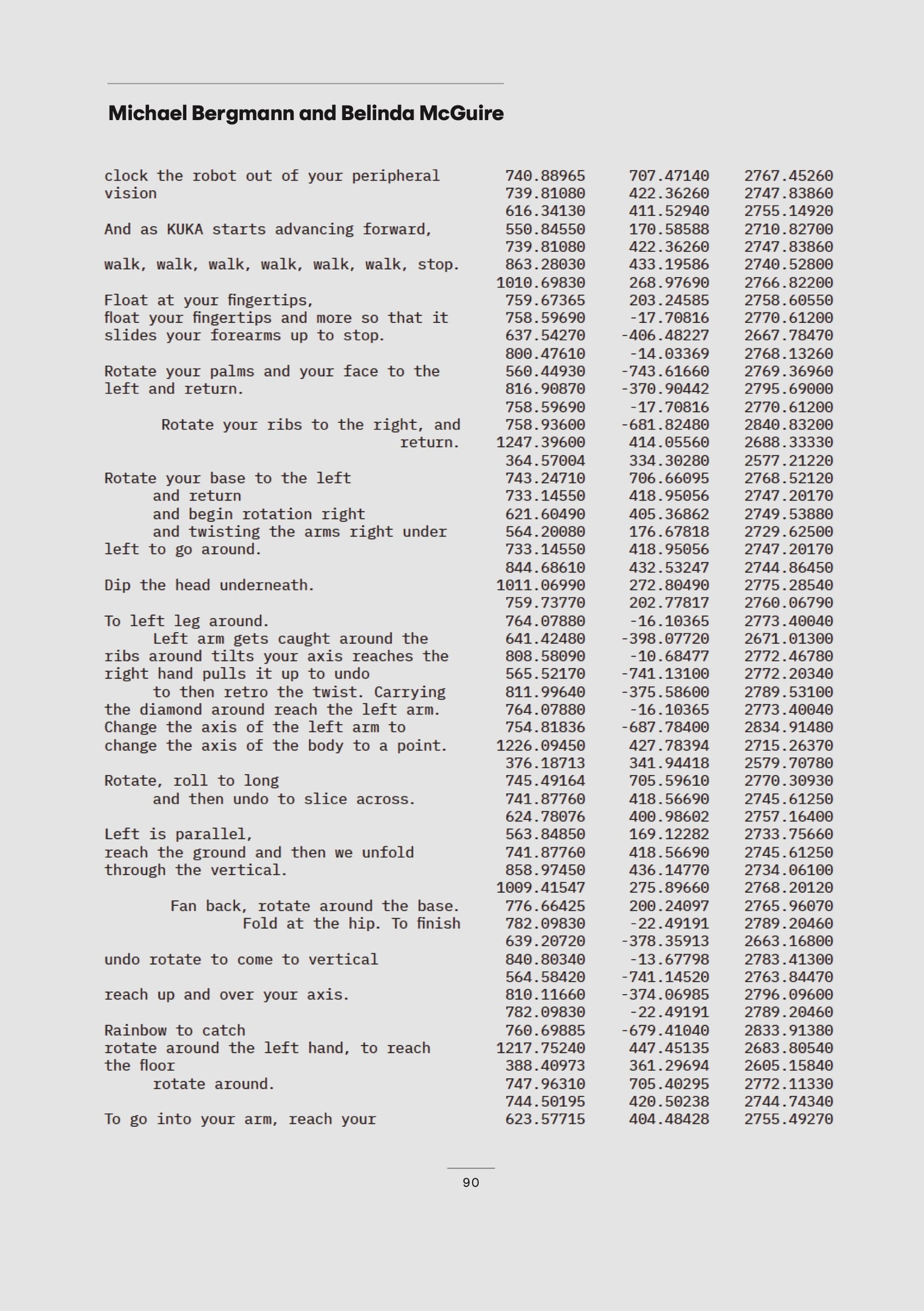 Page from Uncanny Text by Michael Bergmann and Belinda McGuire: lines of choreographic instruction beside columns of robot coordinates